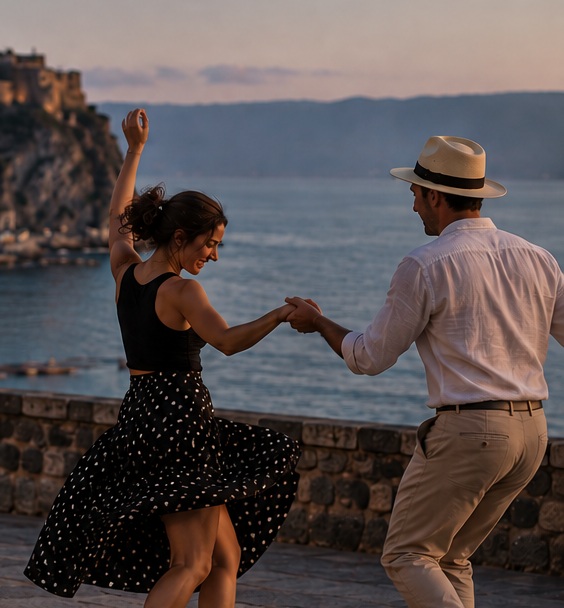 Swing dancers overlooking the Calabrian coast at dusk
